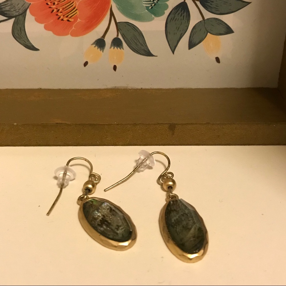 gold and shiny blue/green hanging earrings